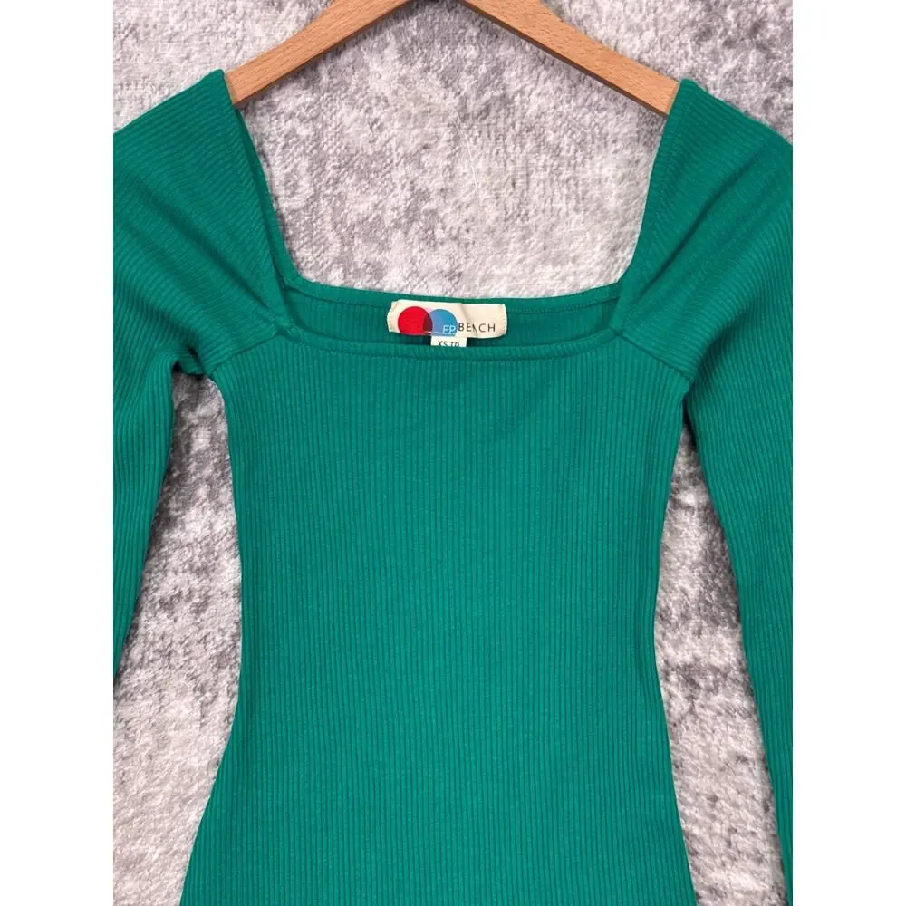 New Free People Dress XS Womens Green Ribbed Square Neck Long Sleeve Mini